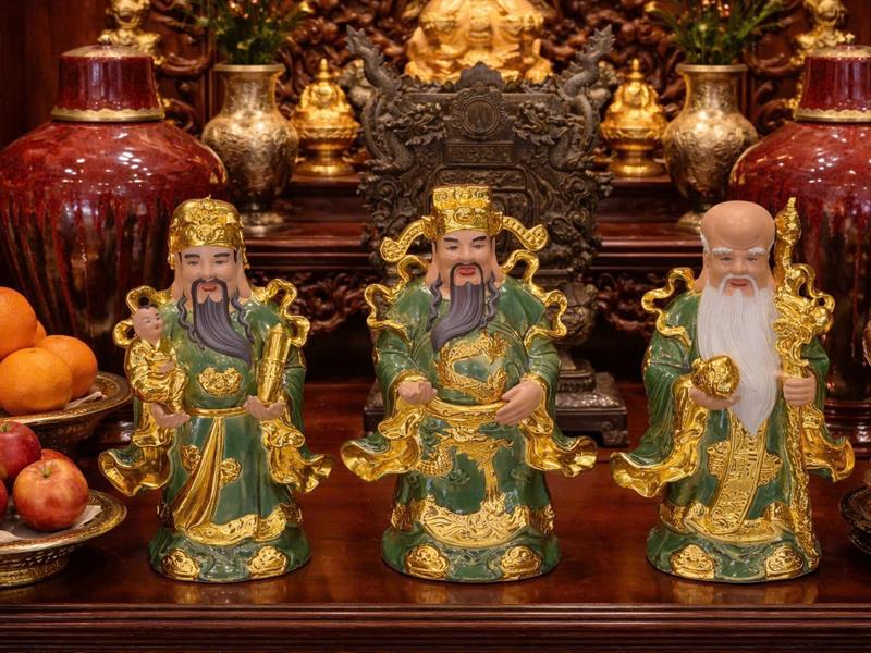 Tượng Phúc Lộc Thọ sứ Bát Tràng vẽ vàng