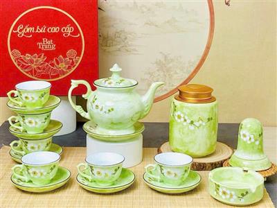 Bộ ấm chén uống trà màu cốm bằng sứ Bát Tràng