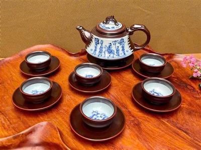 Bộ ấm chén quai rồng vẽ hoa văn Sơn Thuỷ và Mã Đáo thành công